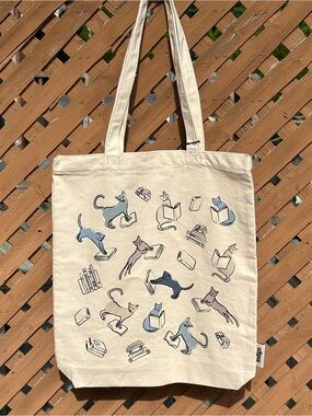 New Indigo Literary Cats Canvas Tote Bag 100% Organic Cotton